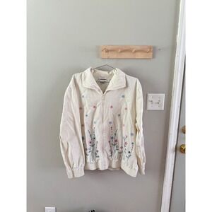 Vintage Alfred Dunner Lightweight Jacket Size 18 Cream Embroidered Zip up